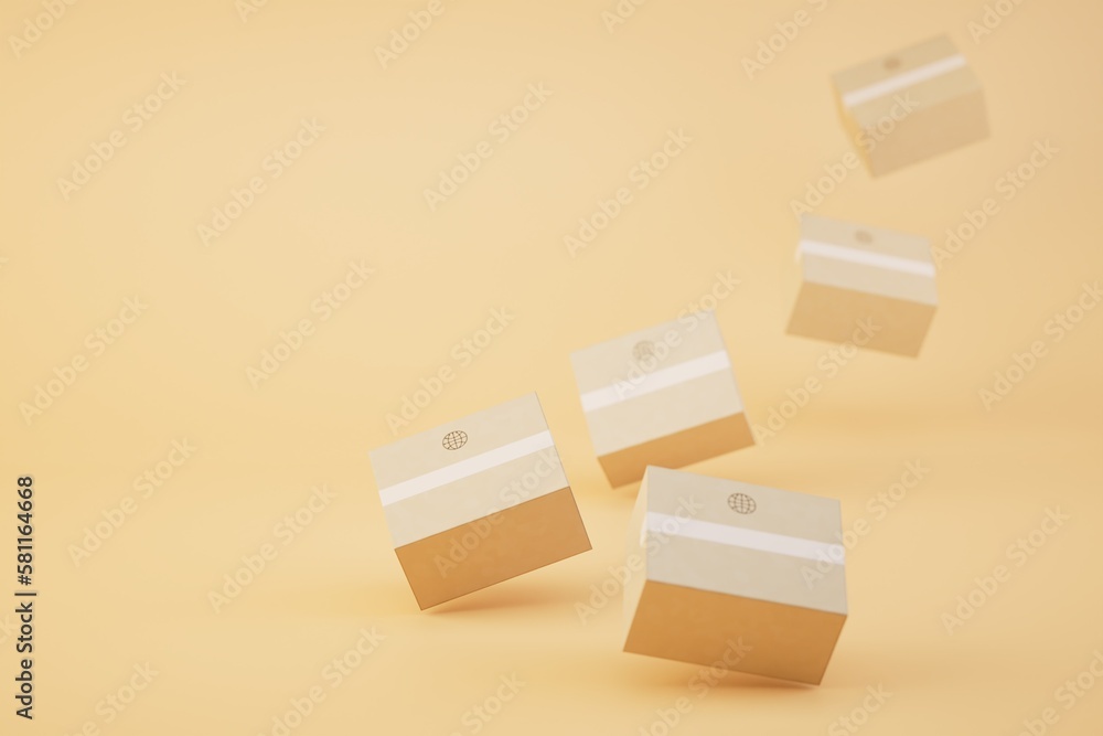 Fototapeta premium boxes with parcels flying on a pastel background. copy paste, copy space. 3D render