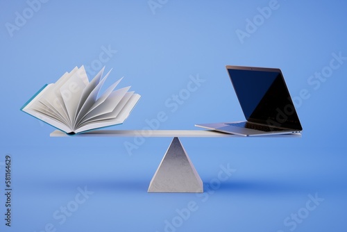choose between a laptop and a book. a book and a laptop on a scale on a blue background. 3D render