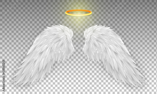 Three dimensional angel white wings and shiny nimbus. Masquerade, festival, carnival costume. Realistic saint aureole (halo) and wings isolated on transparent background. Vector illustrator EPS 10