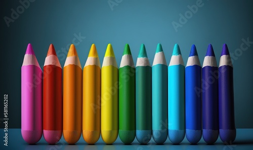  a row of colored pencils sitting on top of a blue table top next to a blue wall and a blue wall behind them is a row of multicolored pencils. generative ai