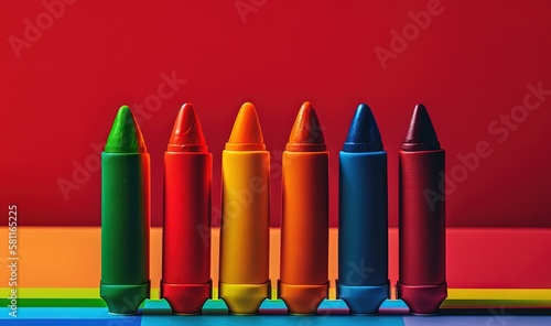  a row of different colored crayons sitting on a table next to a red wall and a blue, yellow, green, red, orange, and pink crayon. generative ai