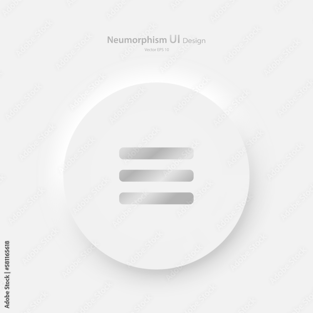 Round menu button on a white background. User interface elements in the style of neumorphism, UX, UI. Vector EPS 10. Round menu button on a white background. User interface elements in the style of neumorphism, UX, UI. Vector EPS 10.