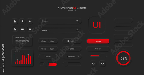 A collection of icons for user interface development in black and red. A set of user interface elements for a mobile application. Buttons for mobile devices in the style of neumorphism, UI, UX. Vector