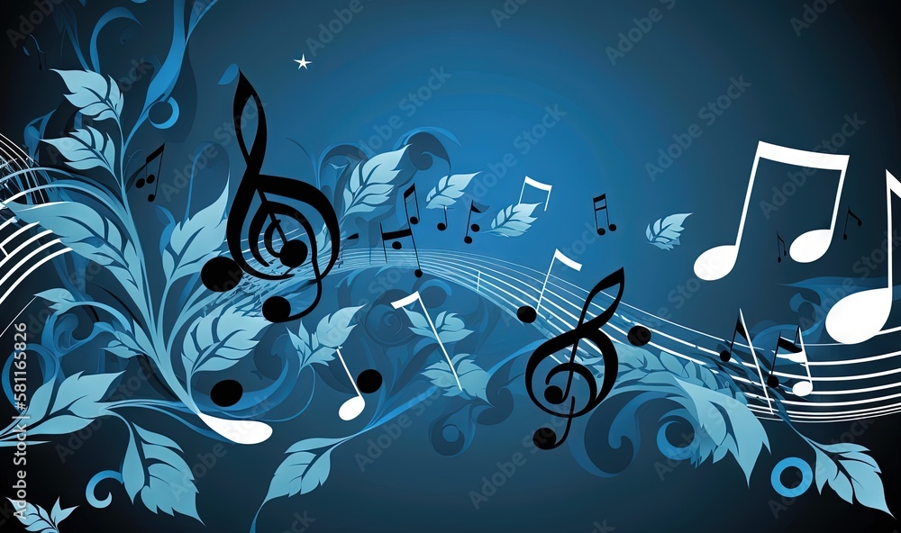  a blue background with music notes and leaves on it, with a star in the middle of the image and a blue background with music notes and leaves on it.  generative ai