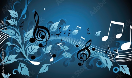  a blue background with music notes and leaves on it  with a star in the middle of the image and a blue background with music notes and leaves on it.  generative ai