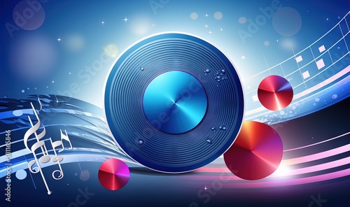  a blue speaker surrounded by musical notes and a treble on a blue background with stars and circles around it, with a musical note in the center of the foreground. generative ai