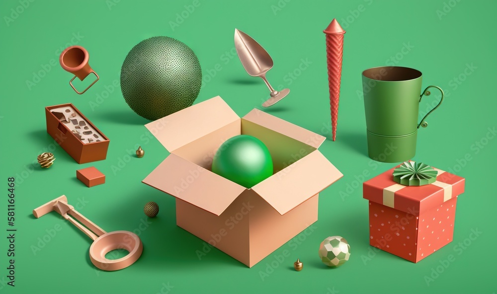 a box with a green ball inside of it next to other items on a green surface with a green background and a red box with a green ball in the middle. generative ai a box with a green ball inside of it next to other items on a green surface with a green background and a red box with a green ball in the middle. generative ai