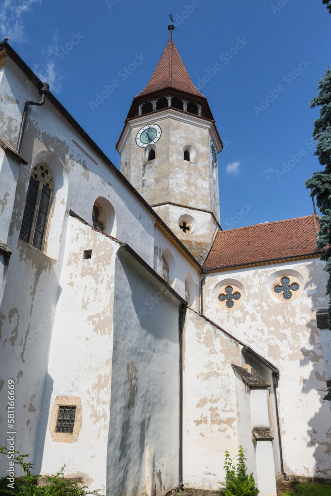 View of the bell tower of historical Church-fortress in the city of Prejmer. Transylvania. Romania