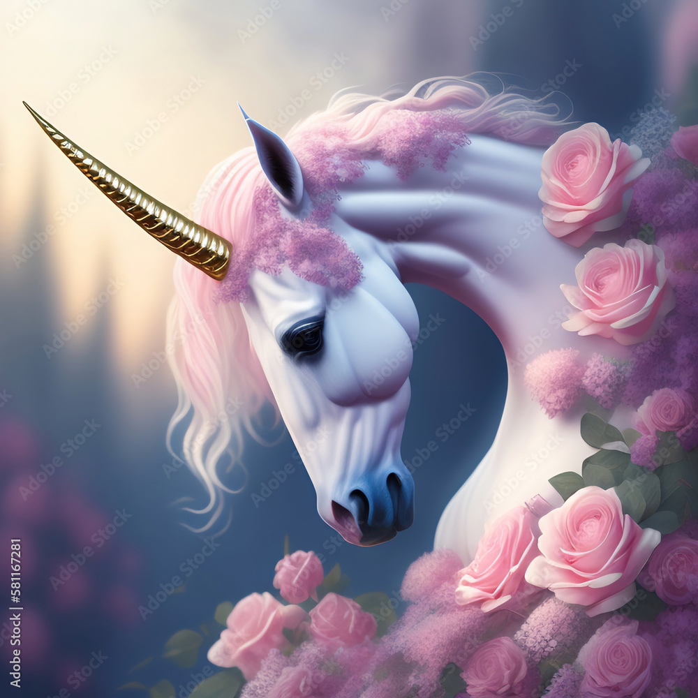 Generative AI:  cute withe unicorn with flowers