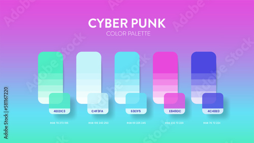 Color palette in colour theme collections. Color inspiration or colour chart with codes template. Color combination set of RGB. Colors swatch for graphic design, art, fashion, or web site