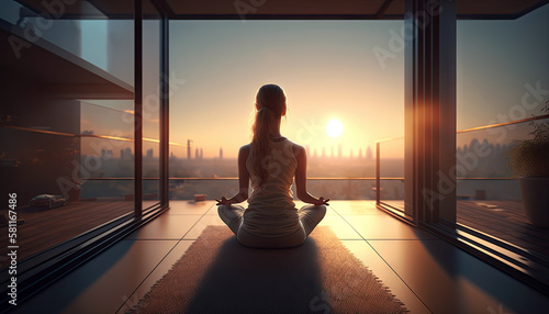 Yoga basics sitting position in lotus pose, back view of healthy woman with sport shirt relax and clam with yoga pose and sunset light, mediation, breathing, with Generative AI. © TANATPON