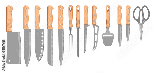 Knifes set or Kitchen knives. Cutlery Set. Vector illustration. Knife and cutter. Isolated on white.