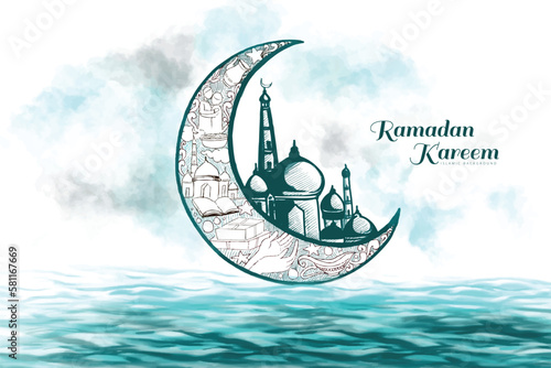 Ramadan kareem islamic watercolor moon greeting card background