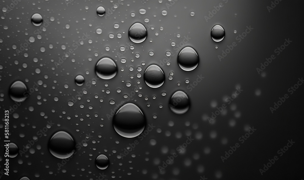  water droplets on a black surface with a black background with a white border and a black background with a white border and a black background with a.  generative ai