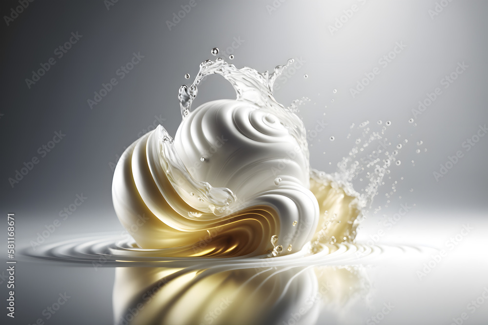 Whipped cream splashing in the water. 3d render illustration. Generative AI technology. Whipped cream splashing in the water. 3d render illustration. Generative AI technology.