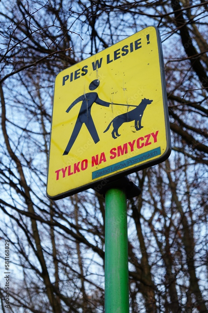 Low angle shot of a sign indicating dogs must be leashed