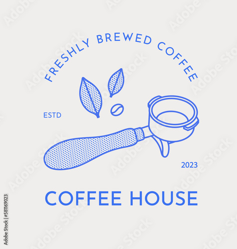 Coffee logo template. Portafilter, coffee bean, and coffee leaves. Line art. Vector illustration for coffee shops, cafes, and restaurants.