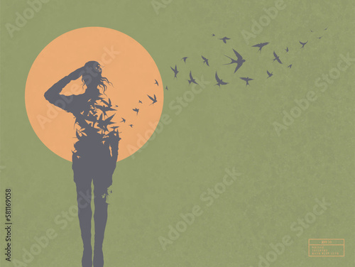 Soldier salutes. Death, afterlife. Flock of flying birds silhouette