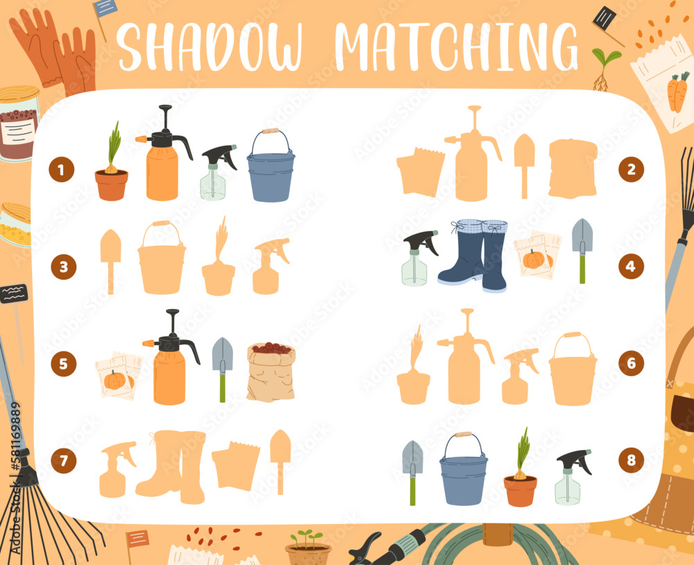 Shadow matching game of farm and gardening tools. Kids puzzle quiz vector worksheet, find and connect pairs of cartoon farmer equipment, garden plants and flower pots, shovels, buckets and seeds Shadow matching game of farm and gardening tools. Kids puzzle quiz vector worksheet, find and connect pairs of cartoon farmer equipment, garden plants and flower pots, shovels, buckets and seeds