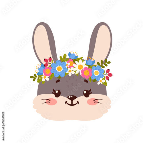 Fluffy hare in flower wreath isolated cute bunny in floral crown decoration. Vector cute hare face with spring or summer flowers, baby rabbit character