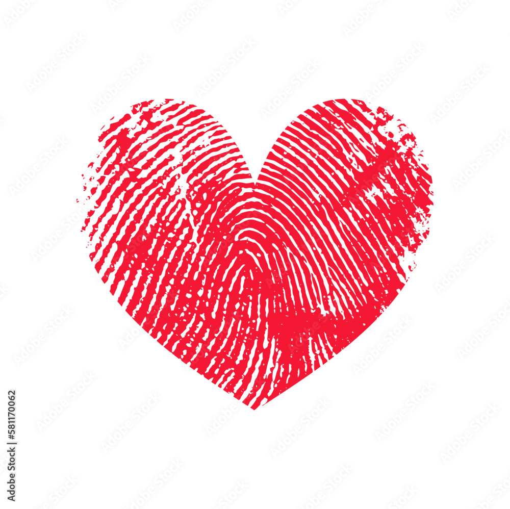 Fingerprint love heart, thumb fingers print mark. Vector thumbprints of married wife and husband, marriage anniversary or Valentines day greeting card