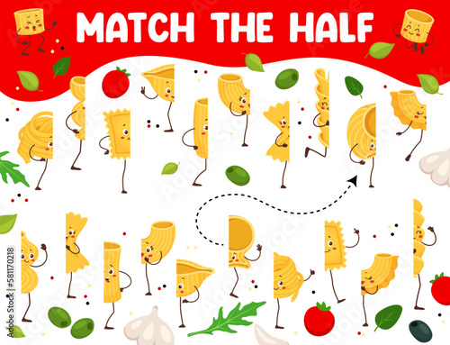 Match the half of cartoon italian pasta characters kids game vector worksheet. Matching puzzle quiz of funny macaroni and noodle food personages. Find correct pair of fusilli, farfalle and ravioli