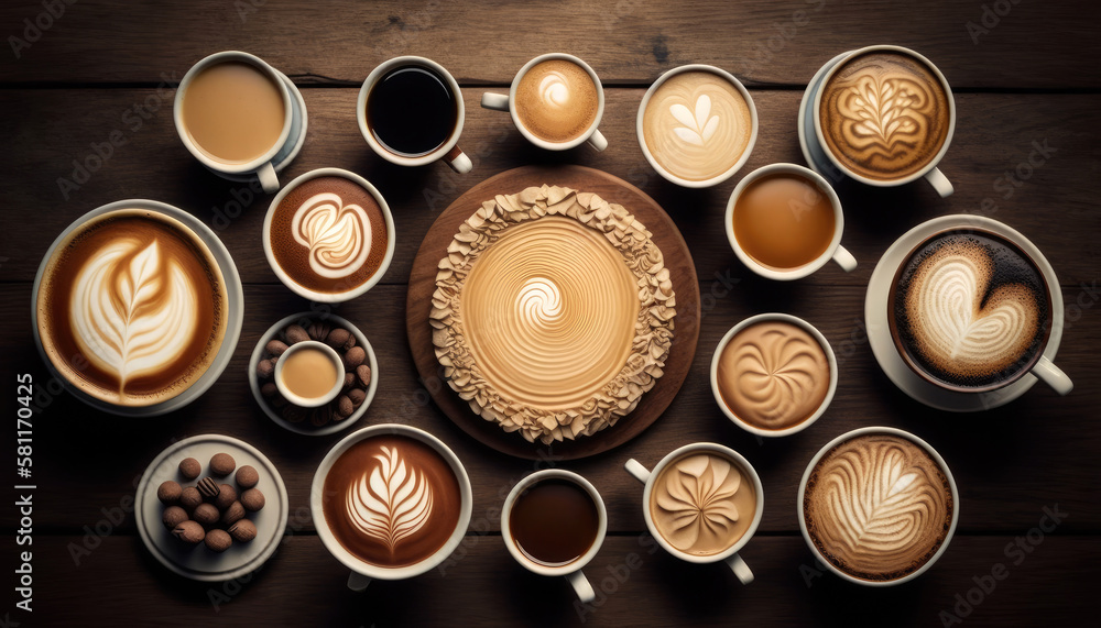 Aerial top view various of coffee latte art, cappuccino, black coffee in cup on wooden table, hot beverage, Morning drinks with Generative AI. Aerial top view various of coffee latte art, cappuccino, black coffee in cup on wooden table, hot beverage, Morning drinks with Generative AI.