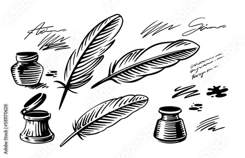 Inkwell and feather pen template with Ink bottle.