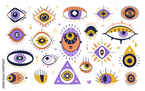 Magic cartoon eyes, vector greek or turkish mystic symbols. Evil eyes, esoteric amulets or luck talismans of eyeballs in triangle or pyramid with geometric pattern. Tattoo, hamsa or nazar elements photo