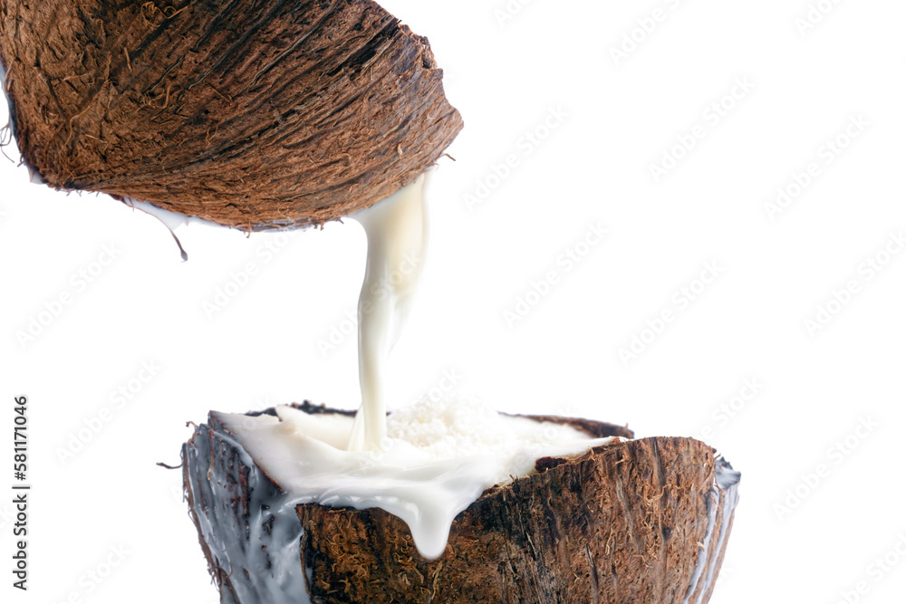 Coconut milk pouring from half coconut isolated on transparent background Coconut milk pouring from half coconut isolated on transparent background