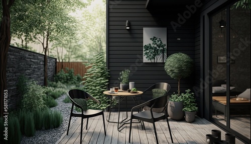 Modern black wooden terrace the perfect place for breakfast