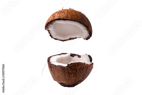 Two coconut section halves isolated on transparent background