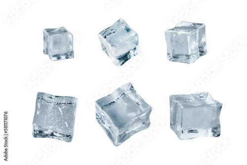 Set of six different ice cube faces. Macro shot of ice cubes. Clipping path. isolated on transparent