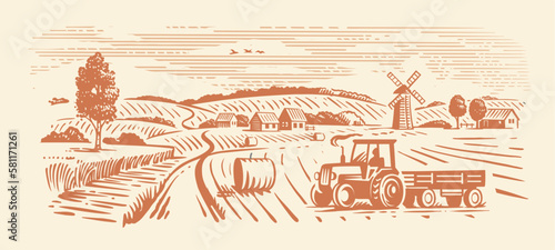 Rural landscape, agriculture farm vector. Harvesting tractor