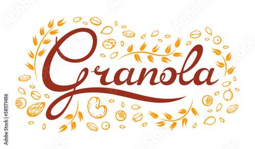Granola vector icon or emblem with cereal muesli and inscription font, line spikelets, grains, cashews, almonds, sunflower seeds, sesame, oatmeal, dried berries. Isolated label for healthy plant food