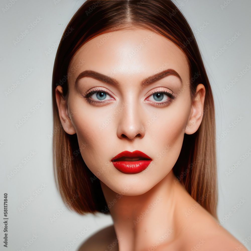 Fototapeta premium Portrait of a young woman. Sensual makeup face close up. Generative AI