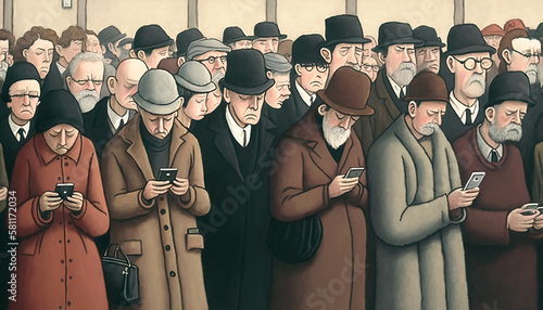 Large crowd of commuters looking at their phones, comic naïve illustration style.  Generative AI photo