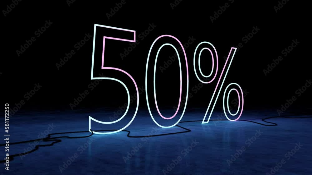 Descuento y promoción en la venta. Número 50% en forma de luz de neon. Plantilla para productos, publicidad, banners web.
