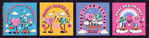 Collage retro cartoon posters with funny comic characters Earth and Heart. Modern illustration with cute comics characters. Hand drawn doodles Earth day concept. Set in modern cartoon style
