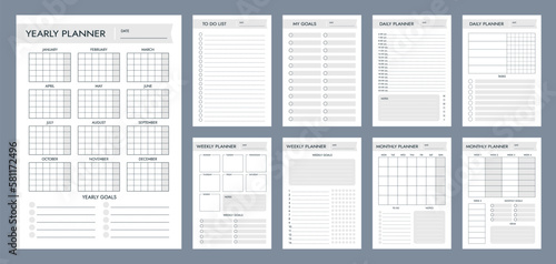 Planner page templates for year, month and everyday scheduling vector timetables set. Build personal and business agenda in effective way. Time management supplies for planning events and meetings
