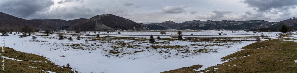 Panoramic view of the frozen Laceno Lake in the winter in Campania, Italy