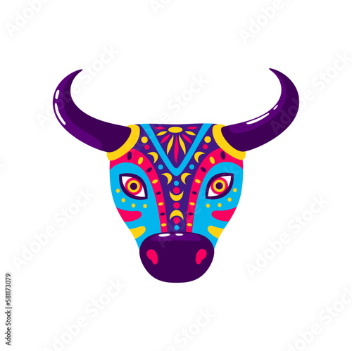 Brazilian bull mask, carnival de Barranquilla, Colombia carnival holiday object. Vector cartoon cow head with tribal prints, latin america souvenir