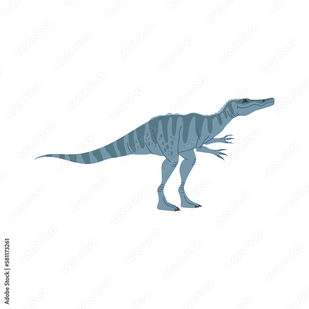 Baryonyx dinosaur, blue childish dino, animal with blue stripes on back, cartoon character. Vector Baryonyx kids baby toy Baryonyx dinosaur, blue childish dino, animal with blue stripes on back, cartoon character. Vector Baryonyx kids baby toy