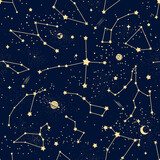 Constellation pattern. Vector celestial seamless background dark sky with golden stars, meteors, moon and planets. Zodiac figures, heavenly bodies and astronomical objects in far galaxy or Universe