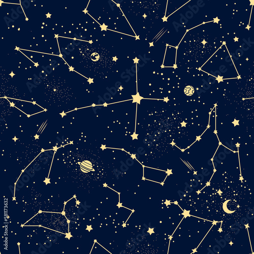 Constellation pattern. Vector celestial seamless background dark sky with golden stars  meteors  moon and planets. Zodiac figures  heavenly bodies and astronomical objects in far galaxy or Universe