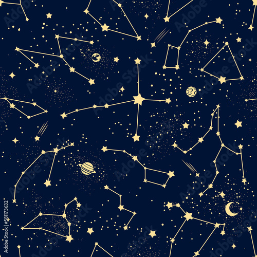 Constellation pattern. Vector celestial seamless background dark sky with golden stars, meteors, moon and planets. Zodiac figures, heavenly bodies and astronomical objects in far galaxy or Universe