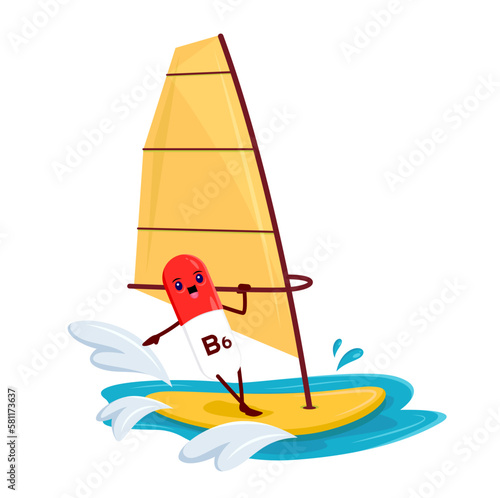Cartoon vitamin B6 on windsurfing. Micronutrient dragee, healthy nutrition mineral pill or food supplement capsule cute vector personage. Vitamin tablet funny character or happy mascot on windsurf