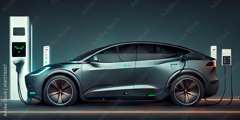 Electric car near the charging station. Abstract illustration. EV car.
