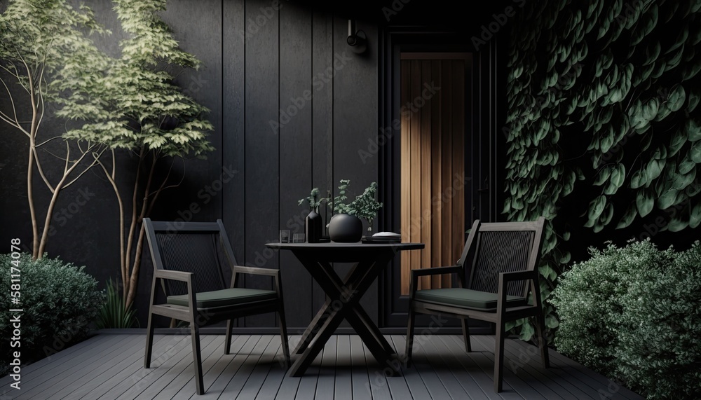 Fototapeta premium Modern black wooden terrace the perfect place for breakfast