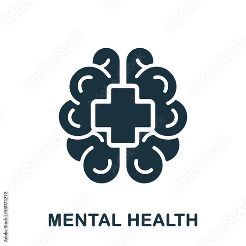 Human Brain with Cross Shape, Mental Health Silhouette Icon. Medical Aid for Humans with Psychological Disorder Glyph Pictogram. Psychology Care Sign. Emotional Support. Isolated Vector Illustration